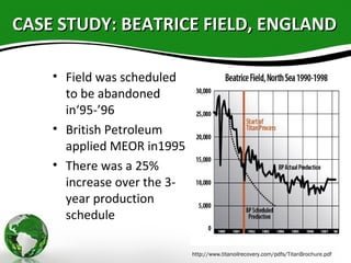 CASE STUDY: BEATRICE FIELD, ENGLANDCASE STUDY: BEATRICE FIELD, ENGLAND
• Field was scheduled
to be abandoned
in‘95-’96
• British Petroleum
applied MEOR in1995
• There was a 25%
increase over the 3-
year production
schedule
http://www.titanoilrecovery.com/pdfs/TitanBrochure.pdf
 