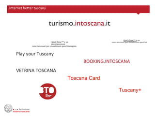Internet better tuscany



                               turismo.intoscana.it
                                                                                      QuickTime™ e un
                                                                                      decompressore
                                  QuickTime™ e un                         sono necessari per visualizzare quest'immagine.
                                  decompressore
              sono necessari per visualizzare quest'immagine.



    Play your Tuscany
                                                                BOOKING.INTOSCANA
    VETRINA TOSCANA
                                                   Toscana Card

                                                                                 Tuscany+
 
