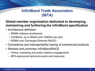 Global member organization dedicated to developing, maintaining and furthering the InfiniBand specification 
•Architecture definition 
–RDMA software architecture 
–InfiniBand, up to 56Gb/s and 168Gb/s per port 
–RDMA over Converged Ethernet (RoCE) 
•Compliance and interoperability testing of commercial products 
•Markets and promotes InfiniBand/RoCE 
–Online, marketing and public relations engagements 
–IBTA-sponsored technical events and resources 
InfiniBand Trade Association (IBTA) 
© InfiniBand Trade Association 
3  