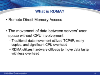 •Remote Direct Memory Access 
•The movement of data between servers’ user space without CPU involvement 
–Traditional data movement utilized TCP/IP, many copies, and significant CPU overhead 
–RDMA utilizes hardware offloads to move data faster with less overhead 
What is RDMA? 
4 
© InfiniBand Trade Association  
