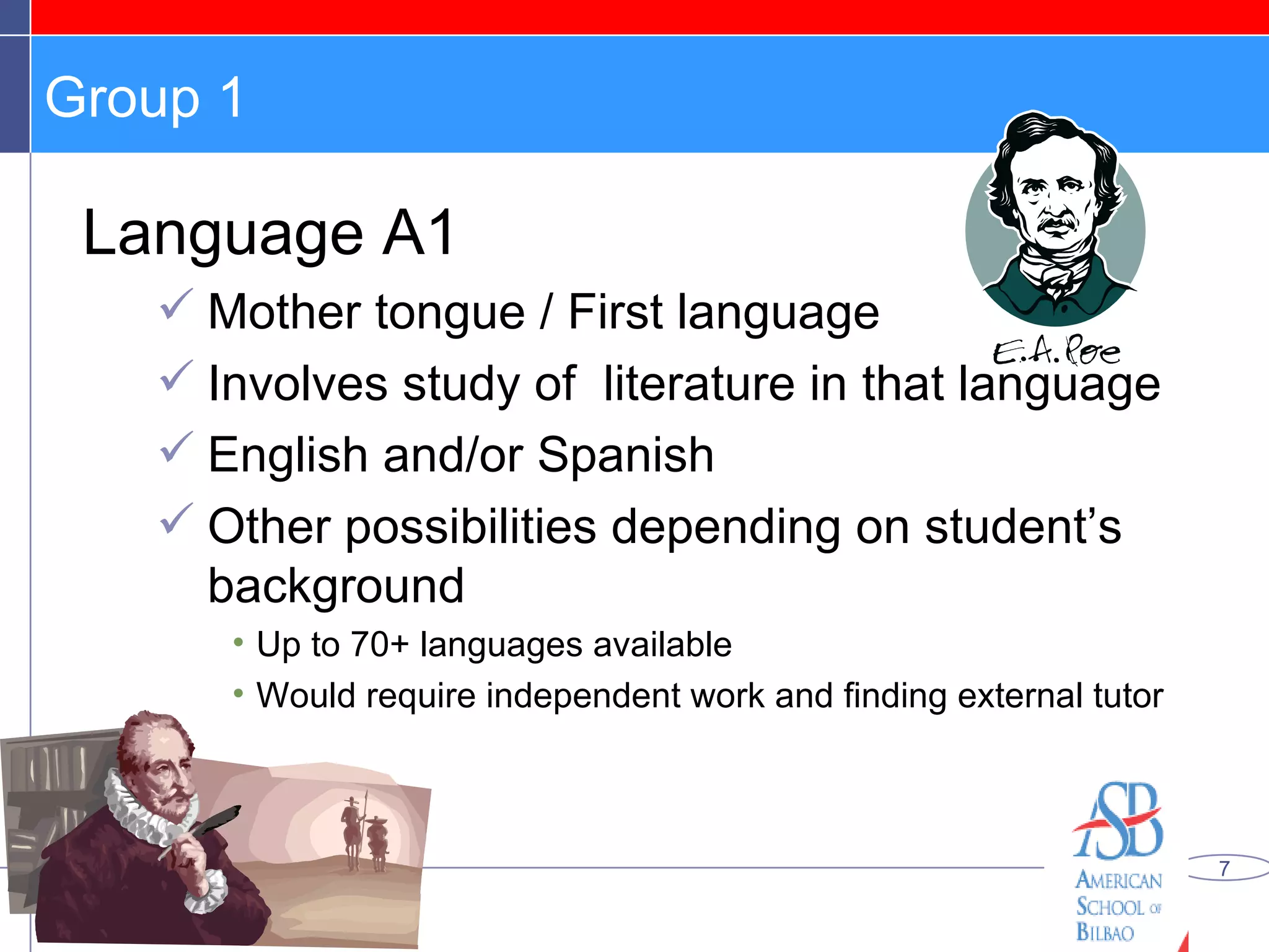 Group 1 Language A1  Mother tongue / First language Involves study of  literature in that language English and/or Spanish Other possibilities depending on student’s background Up to 70+ languages available Would require independent work and finding external tutor 