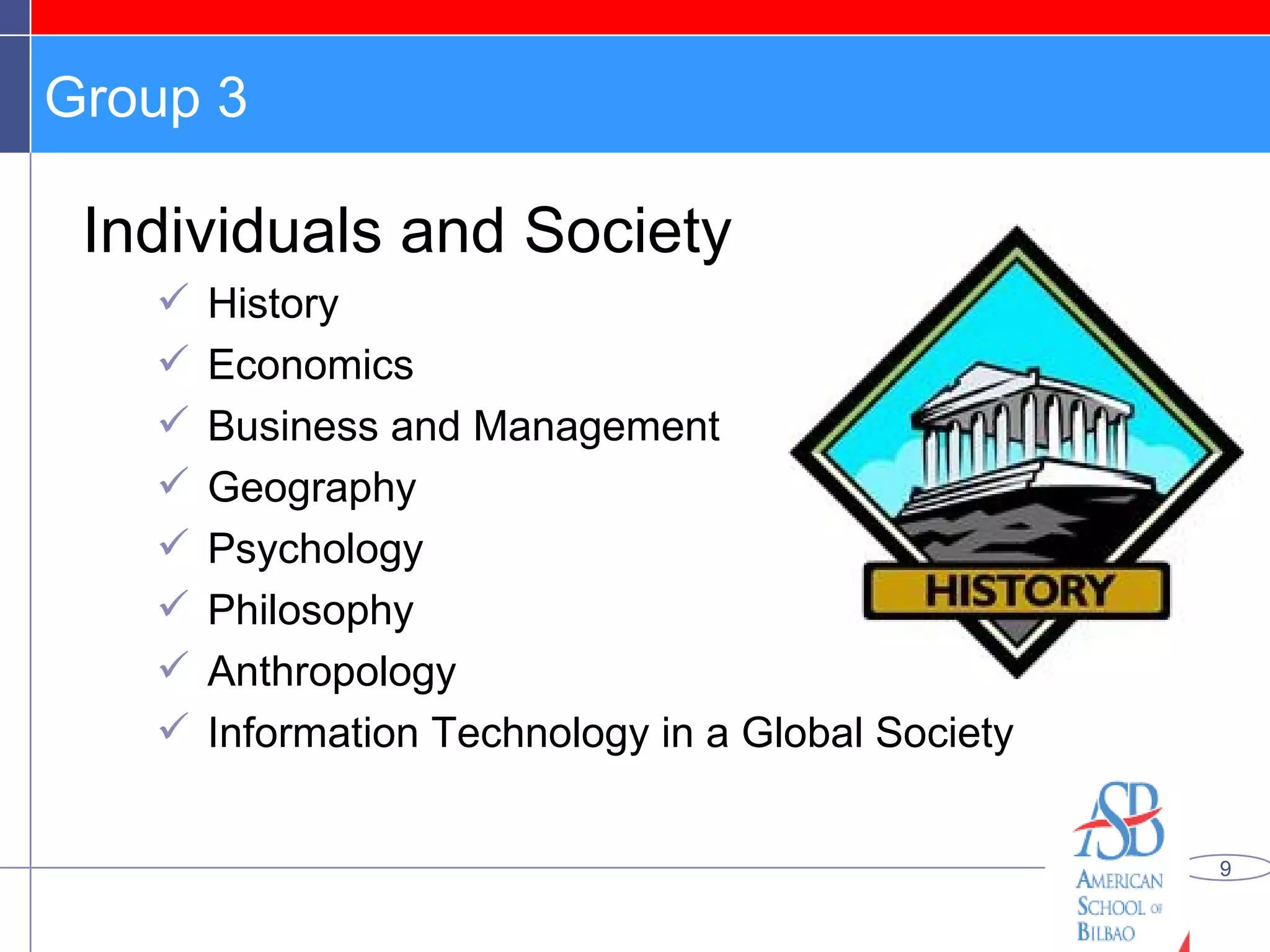Group 3 Individuals and Society History Economics  Business and Management Geography Psychology Philosophy Anthropology Information Technology in a Global Society 