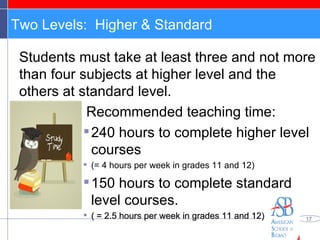 Two Levels:  Higher & Standard Students must take at least three and not more than four subjects at higher level and the others at standard level.  Recommended teaching time:  240 hours to complete higher level courses  (= 4 hours per week in grades 11 and 12) 150 hours to complete standard level courses. ( = 2.5 hours per week in grades 11 and 12) 