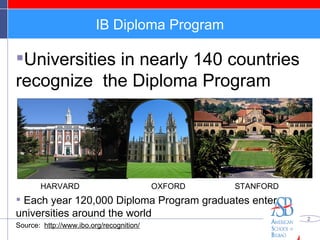 IB Diploma Program Universities in nearly 140 countries recognize  the Diploma Program HARVARD  OXFORD  STANFORD Each year 120,000 Diploma Program graduates enter universities around the world Source:  http://www.ibo.org/recognition/ 