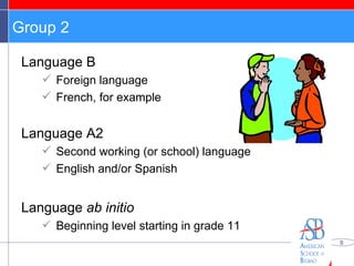 Group 2 Language B Foreign language French, for example Language A2 Second working (or school) language English and/or Spanish Language  ab initio Beginning level starting in grade 11 