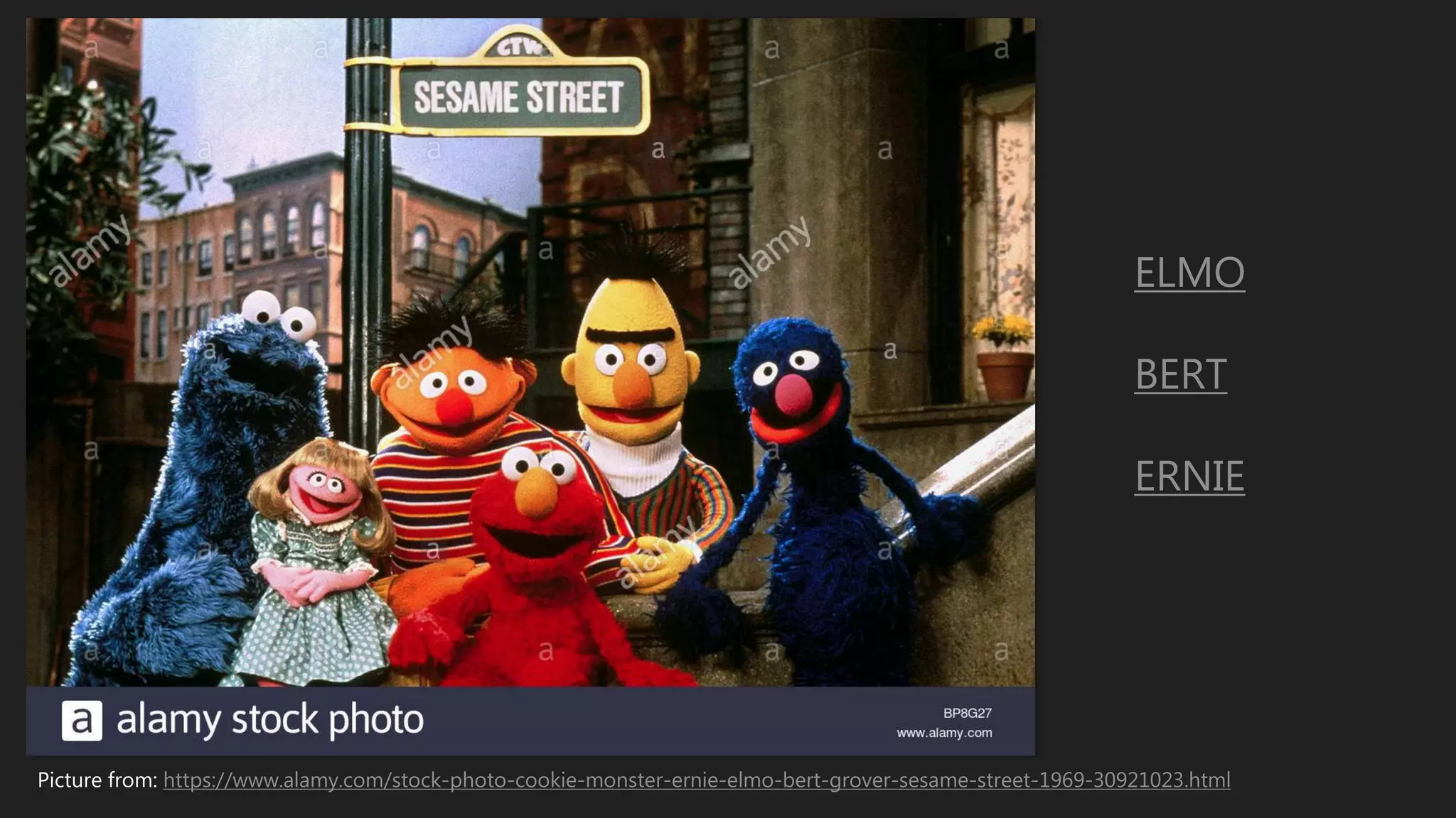 Picture from: https://www.alamy.com/stock-photo-cookie-monster-ernie-elmo-bert-grover-sesame-street-1969-30921023.html
ELMO
BERT
ERNIE
 