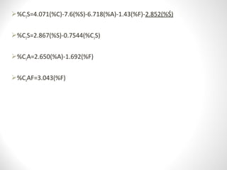 %C3S=4.071(%C)-7.6(%S)-6.718(%A)-1.43(%F)-2.852(%Ś)
%C2S=2.867(%S)-0.7544(%C3S)
%C3A=2.650(%A)-1.692(%F)
%C4AF=3.043(%F)
 
