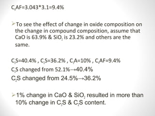 C4AF=3.043*3.1=9.4%
To see the effect of change in oxide composition on
the change in compound composition, assume that
CaO is 63.9% & SiO2 is 23.2% and others are the
same.
C3S=40.4% , C2S=36.2% , C3A=10% , C4AF=9.4%
C3S changed from 52.1%→40.4%
C2S changed from 24.5%→36.2%
1% change in CaO & SiO2 resulted in more than
10% change in C3S & C2S content.
 