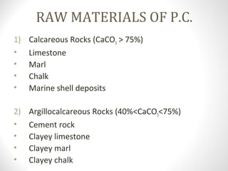 RAW MATERIALS OF P.C.
1) Calcareous Rocks (CaCO3 > 75%)
• Limestone
• Marl
• Chalk
• Marine shell deposits
2) Argillocalcareous Rocks (40%<CaCO3<75%)
• Cement rock
• Clayey limestone
• Clayey marl
• Clayey chalk
 