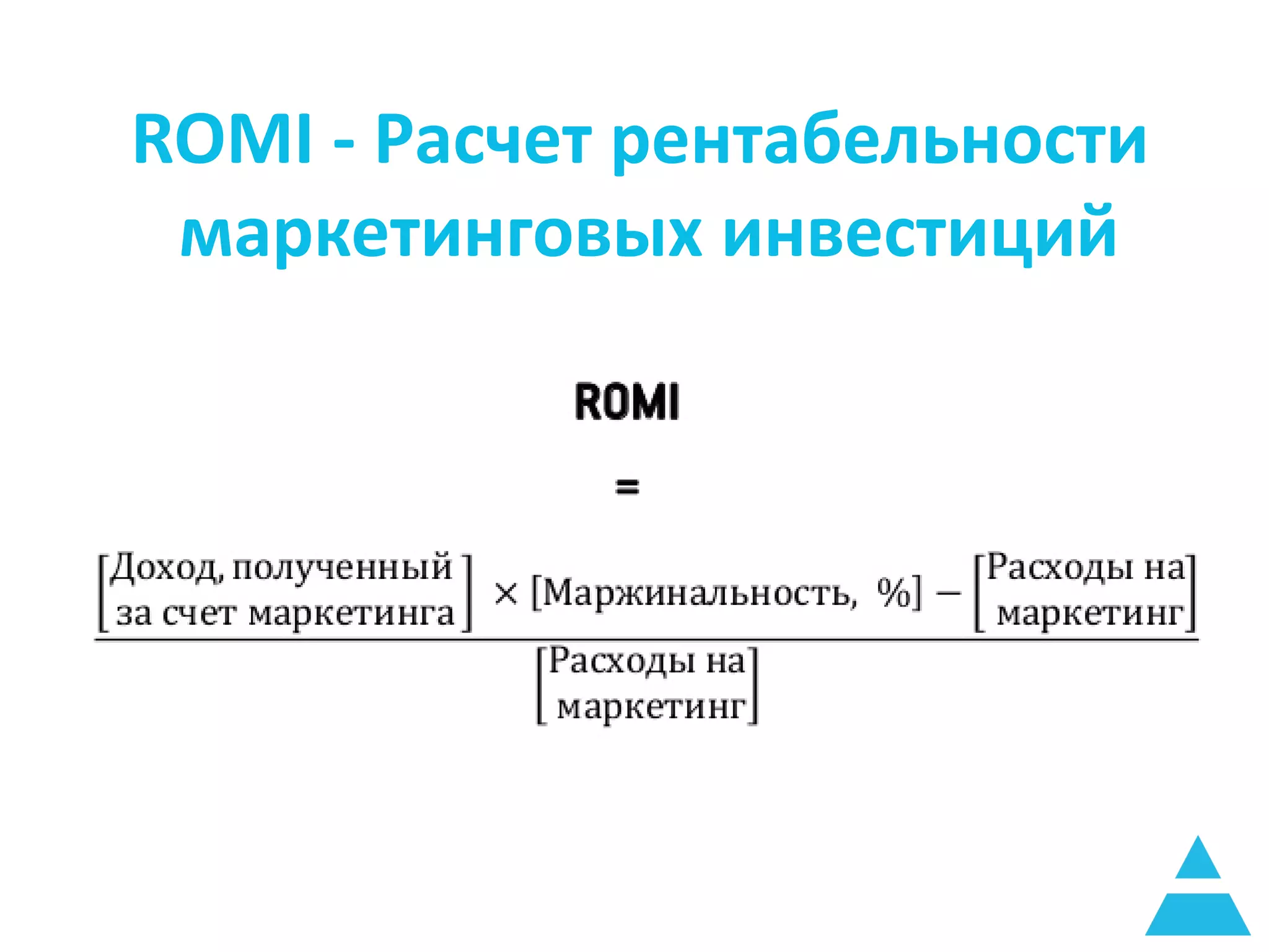 ROMI - Расчет рентабельности
маркетинговых инвестиций