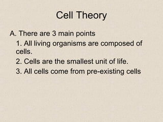 Cell Theory A. There are 3 main points 1. All living organisms are composed of cells. 2. Cells are the smallest unit of life. 3. All cells come from pre-existing cells 