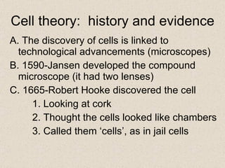 Cell theory:  history and evidence A. The discovery of cells is linked to technological advancements (microscopes) B. 1590-Jansen developed the compound microscope (it had two lenses) C. 1665-Robert Hooke discovered the cell 1. Looking at cork 2. Thought the cells looked like chambers 3. Called them ‘cells’, as in jail cells 