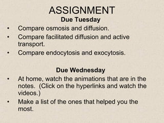 ASSIGNMENT Due Tuesday Compare osmosis and diffusion. Compare facilitated diffusion and active transport. Compare endocytosis and exocytosis. Due Wednesday At home, watch the animations that are in the notes.  (Click on the hyperlinks and watch the videos.) Make a list of the ones that helped you the most.  