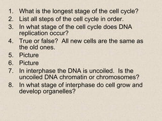 What is the longest stage of the cell cycle? List all steps of the cell cycle in order. In what stage of the cell cycle does DNA replication occur? True or false?  All new cells are the same as the old ones. Picture Picture In interphase the DNA is uncoiled.  Is the uncoiled DNA chromatin or chromosomes? In what stage of interphase do cell grow and develop organelles? 