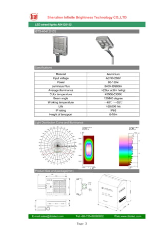 Shenzhen Infinite Brightness Technology CO.,LTD

  LED street lights A04120102

  IBTS-A04120102




  Specifications

                  Material                                Aluminium
               Input voltage                             AC 90-260V
                   Power                                   80-120w
              Luminous Flux                            8400-10980lm
            Average illuminance                      >22lux at 8m heihgt
             Color temperature                          4500K-5300K
                Beam angle                             120&60 degree
            Working temperature                           ～40℃～+55℃
                     Life                                  >20,000 hrs
                  IP rating                                   IP65
             Height of lamppost                              6-10m

  Light Distribution Curve and illuminance




  Product Size and package(mm)




E-mail:sales@ibtsled.com           Tel:+86-755-89580802         Web:www.ibtsled.com

                                    Page 3
 