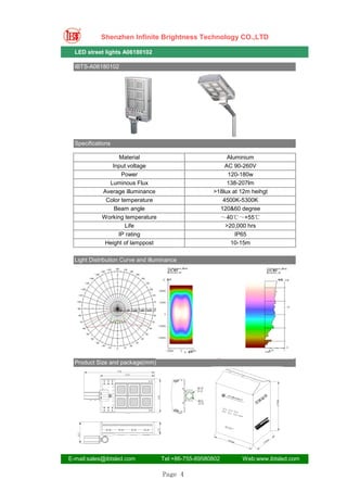 Shenzhen Infinite Brightness Technology CO.,LTD

  LED street lights A06180102

  IBTS-A06180102




  Specifications

                  Material                               Aluminium
               Input voltage                            AC 90-260V
                   Power                                 120-180w
              Luminous Flux                              138-207lm
            Average illuminance                     >18lux at 12m heihgt
             Color temperature                         4500K-5300K
                Beam angle                            120&60 degree
            Working temperature                           ～40℃～+55℃
                     Life                                  >20,000 hrs
                  IP rating                                   IP65
             Height of lamppost                              10-15m

  Light Distribution Curve and illuminance




  Product Size and package(mm)




E-mail:sales@ibtsled.com           Tel:+86-755-89580802         Web:www.ibtsled.com

                                    Page 4
 