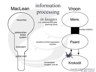 Copyright © 2013 PraatmetHans.nl
All rights reserved.
information
processing
in laagjes
brainstem
spinal cord
Krokodilhomeostasis
hungers, lust etc.
paleocortex
limbic
system
Paardemotions & their expression,
intuïtion
neocortex Mens
o.a. understanind past,
planning future
MacLean Vroon
mostly inhibition
 