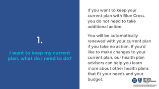 1.
I want to keep my current
plan, what do I need to do?
If you want to keep your
current plan with Blue Cross,
you do not need to take
additional action.
You will be automatically
renewed with your current plan
if you take no action. If you’d
like to make changes to your
current plan, our health plan
advisors can help you learn
more about other health plans
that fit your needs and your
budget.
 