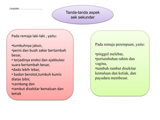 Lanjutan………………………..
                                  Tanda-tanda aspek
                                    sek sekunder



 Pada remaja laki-laki , yaitu:

 •tumbuhnya jakun,                              Pada remaja perempuan, yaitu:
 •penis dan buah zakar bertambah
 besar,                                         •pinggul melebar,
 • terjadinya ereksi dan ejakkulasi             •pertumbuhan rahim dan
 suara bertambah besar,                         vagina,
 •dada lebih lebar,                             •tumbuh rambut disekitar
 • badan berotot,tumbuh kumis                   kemaluan dan ketiak, dan
 diatas bibir,                                  payudara membesar.
 •cambang dan
 •rambut disekitar kemaluan dan
 ketiak
 