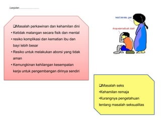 Lanjutan……………………




 Masalah perkawinan dan kehamilan dini
• Ketidak matangan secara fisik dan mental
• resiko komplikasi dan kematian ibu dan
 bayi lebih besar
• Resiko untuk melakukan aborsi yang tidak
 aman
• Kemungkinan kehilangan kesempatan
 kerja untuk pengembangan dirinya sendiri



                                             Masalah seks
                                             •Kehamilan remaja
                                             •Kurangnya pengetahuan
                                             tentang masalah seksualitas
 