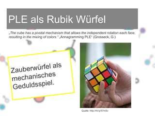 PLE als Rubik Würfel Zauberwürfel als mechanisches Geduldsspiel. „ The cube has a pivotal mechanism that allows the independent rotation each face, resulting in the mixing of colors.“  „Annagramming PLE“ (Grosseck, G.) Quelle: http://ht.ly/57mSv  
