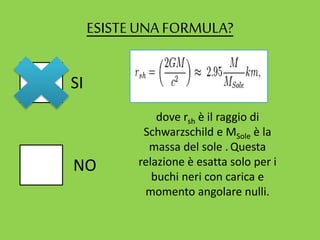 ESISTEUNA FORMULA?
SI
NO
dove rsh è il raggio di
Schwarzschild e MSole è la
massa del sole . Questa
relazione è esatta solo per i
buchi neri con carica e
momento angolare nulli.
 