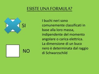ESISTEUNA FORMULA?
SI
NO
I buchi neri sono
comunemente classificati in
base alla loro massa,
indipendente del momento
angolare o carica elettrica.
La dimensione di un buco
nero è determinata dal raggio
di Schwarzschild
 