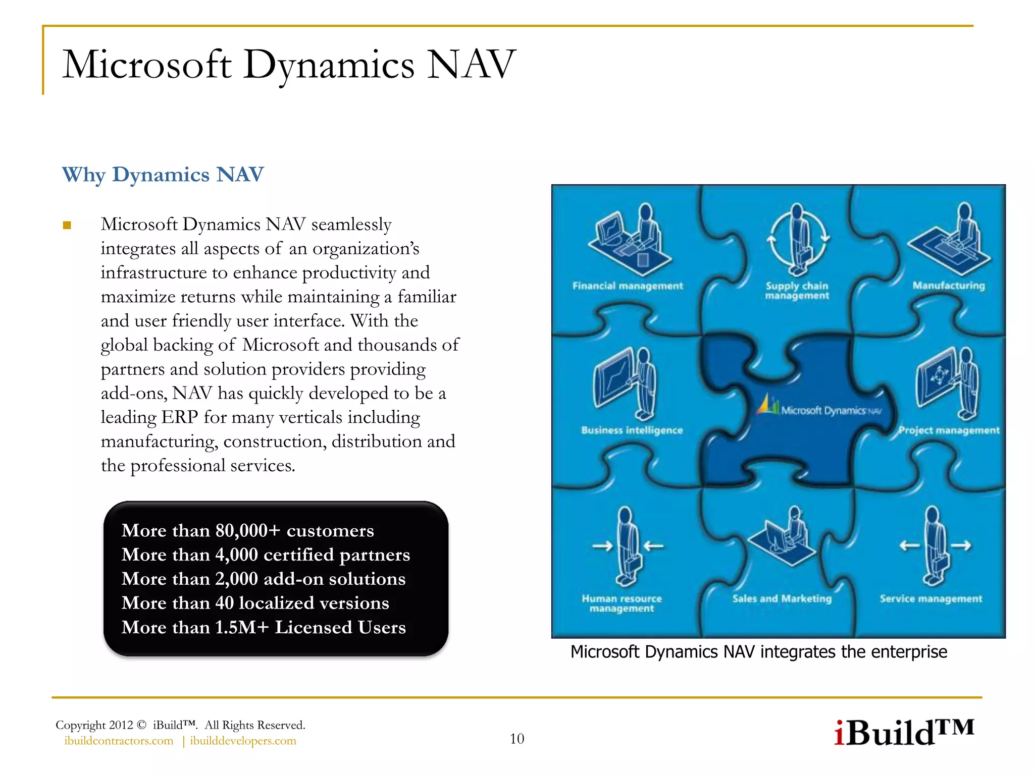Microsoft Dynamics NAV

 Why Dynamics NAV

       Microsoft Dynamics NAV seamlessly
        integrates all aspects of an organization’s
        infrastructure to enhance productivity and
        maximize returns while maintaining a familiar
        and user friendly user interface. With the
        global backing of Microsoft and thousands of
        partners and solution providers providing
        add-ons, NAV has quickly developed to be a
        leading ERP for many verticals including
        manufacturing, construction, distribution and
        the professional services.


            More than 80,000+ customers
            More than 4,000 certified partners
            More than 2,000 add-on solutions
            More than 40 localized versions
            More than 1.5M+ Licensed Users
                                                             Microsoft Dynamics NAV integrates the enterprise



Copyright 2012 © iBuild™. All Rights Reserved.
 ibuildcontractors.com | ibuilddevelopers.com           10
 