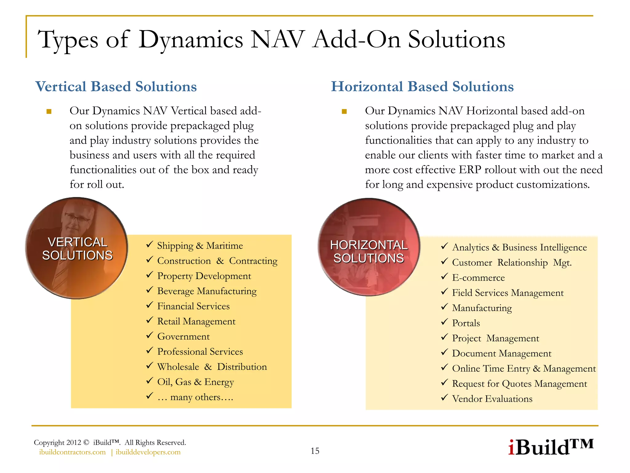 Types of Dynamics NAV Add-On Solutions
Vertical Based Solutions                                               Horizontal Based Solutions
         Our Dynamics NAV Vertical based add-                             Our Dynamics NAV Horizontal based add-on
          on solutions provide prepackaged plug                             solutions provide prepackaged plug and play
          and play industry solutions provides the                          functionalities that can apply to any industry to
          business and users with all the required                          enable our clients with faster time to market and a
          functionalities out of the box and ready                          more cost effective ERP rollout with out the need
          for roll out.                                                     for long and expensive product customizations.



   VERTICAL                         Shipping & Maritime               HORIZONTAL              Analytics & Business Intelligence
  SOLUTIONS                         Construction & Contracting        SOLUTIONS               Customer Relationship Mgt.
                                    Property Development                                      E-commerce
                                    Beverage Manufacturing                                    Field Services Management
                                    Financial Services                                        Manufacturing
                                    Retail Management                                         Portals
                                    Government                                                Project Management
                                    Professional Services                                     Document Management
                                    Wholesale & Distribution                                  Online Time Entry & Management
                                    Oil, Gas & Energy                                         Request for Quotes Management
                                    … many others….                                           Vendor Evaluations



Copyright 2012 © iBuild™. All Rights Reserved.
 ibuildcontractors.com | ibuilddevelopers.com                     15
 