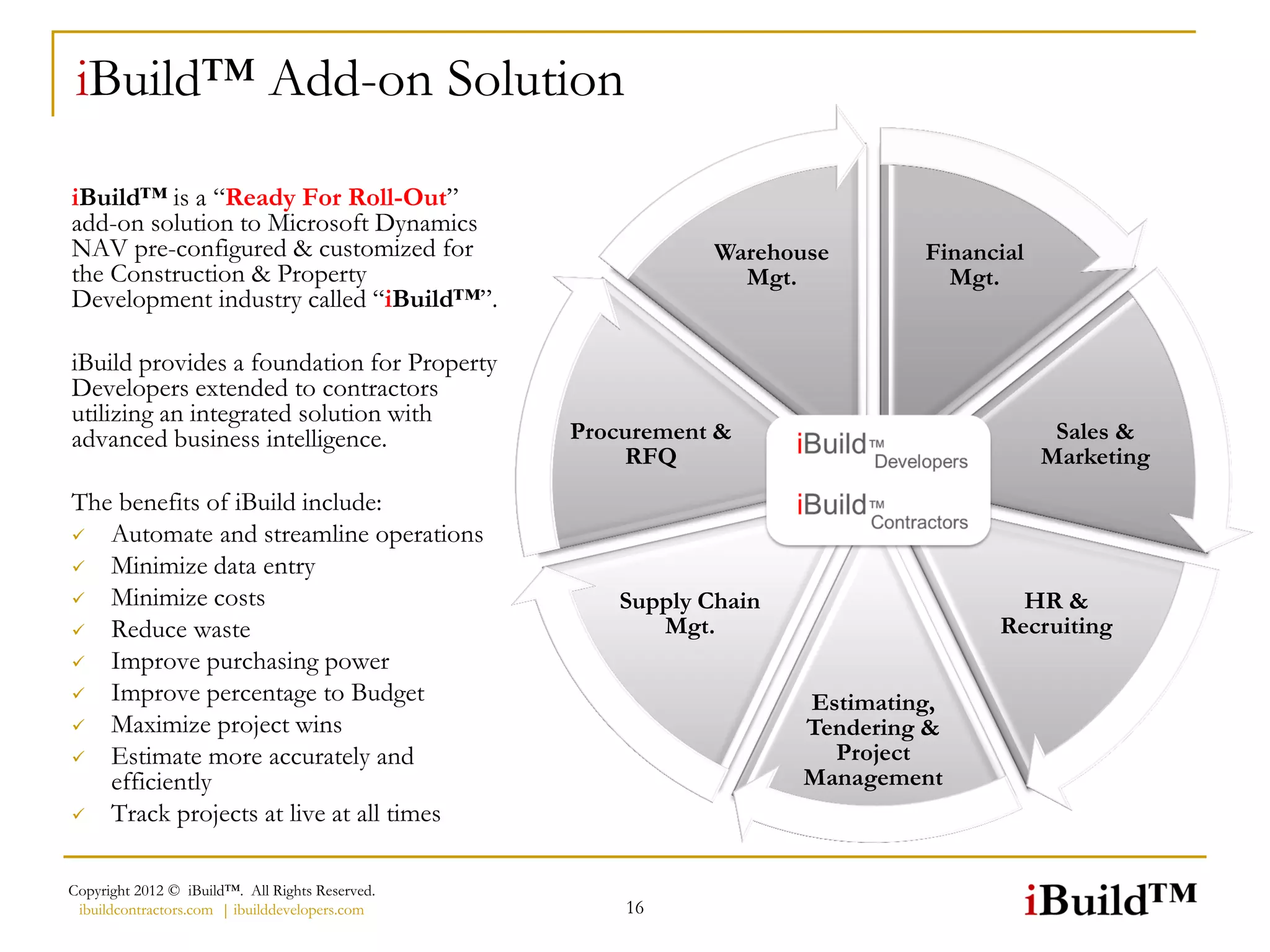 iBuild™ Add-on Solution

iBuild™ is a “Ready For Roll-Out”
add-on solution to Microsoft Dynamics
NAV pre-configured & customized for                         Warehouse       Financial
the Construction & Property                                   Mgt.            Mgt.
Development industry called “iBuild™”.

iBuild provides a foundation for Property
Developers extended to contractors
utilizing an integrated solution with
advanced business intelligence.                  Procurement &                           Sales &
                                                     RFQ                                Marketing
The benefits of iBuild include:
  Automate and streamline operations
  Minimize data entry
  Minimize costs                                   Supply Chain                    HR &
  Reduce waste                                        Mgt.                       Recruiting
  Improve purchasing power
  Improve percentage to Budget                                    Estimating,
  Maximize project wins                                           Tendering &
  Estimate more accurately and                                      Project
   efficiently                                                     Management
  Track projects at live at all times

Copyright 2012 © iBuild™. All Rights Reserved.
 ibuildcontractors.com | ibuilddevelopers.com        16
 