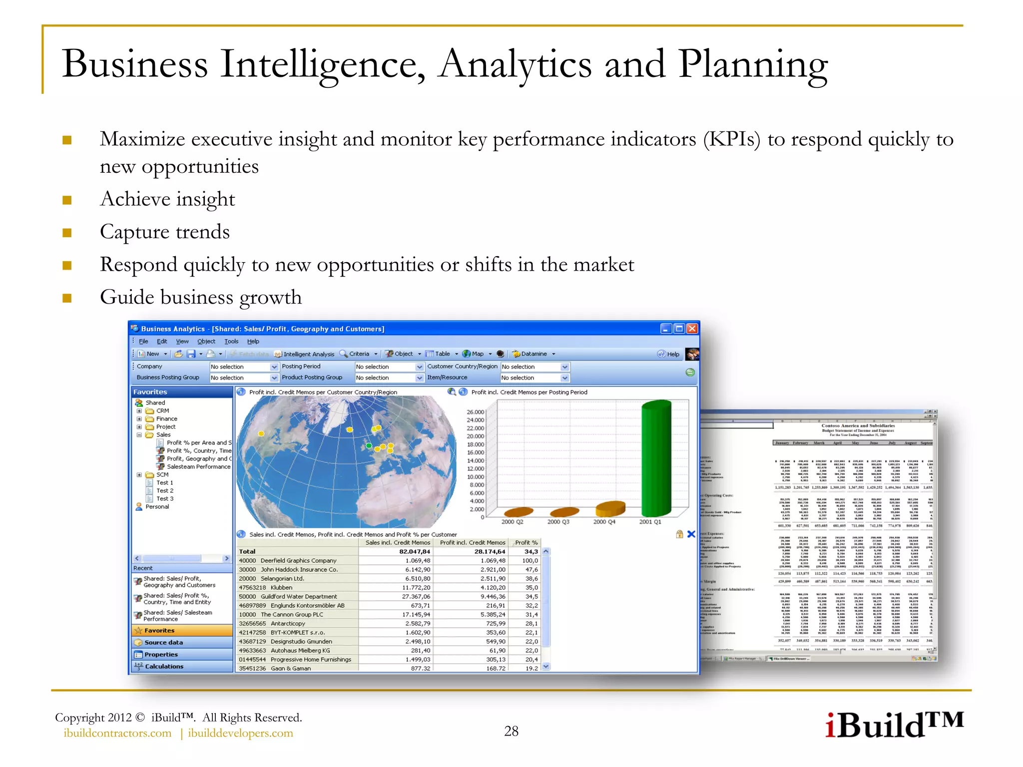 Business Intelligence, Analytics and Planning
       Maximize executive insight and monitor key performance indicators (KPIs) to respond quickly to
        new opportunities
       Achieve insight
       Capture trends
       Respond quickly to new opportunities or shifts in the market
       Guide business growth




Copyright 2012 © iBuild™. All Rights Reserved.
 ibuildcontractors.com | ibuilddevelopers.com       28
 