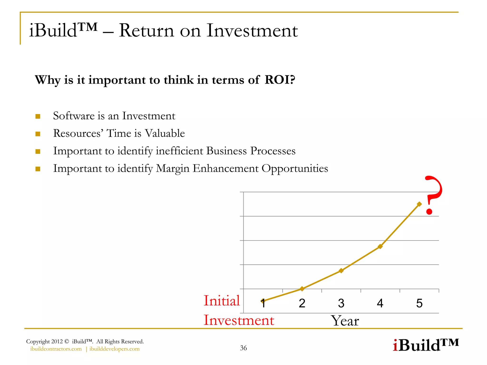 iBuild™ – Return on Investment

   Why is it important to think in terms of ROI?

         Software is an Investment
         Resources’ Time is Valuable
         Important to identify inefficient Business Processes
          Important to identify Margin Enhancement Opportunities


                                                                              ?
   


                                                    8
                                                    6
                                                    4
                                                    2
                                                    0
                                                 Initial 1    2     3     4   5
                                                    -2
                                                 Investment        Year
Copyright 2012 © iBuild™. All Rights Reserved.
 ibuildcontractors.com | ibuilddevelopers.com           36
 