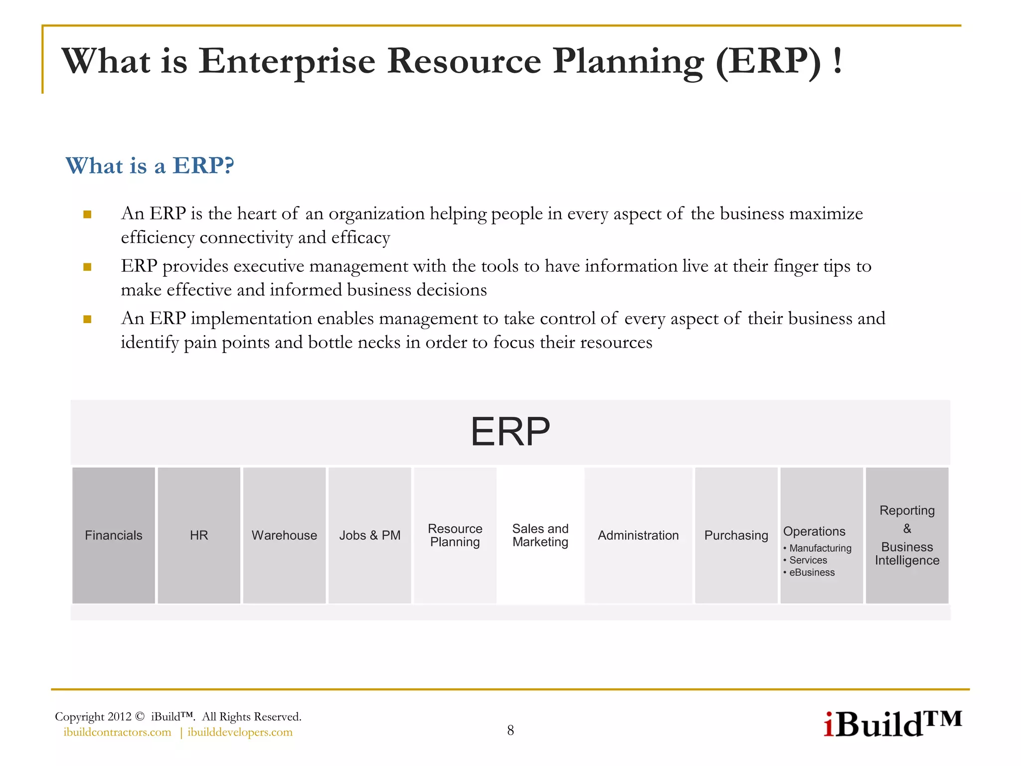 What is Enterprise Resource Planning (ERP) !

 What is a ERP?
           An ERP is the heart of an organization helping people in every aspect of the business maximize
            efficiency connectivity and efficacy
           ERP provides executive management with the tools to have information live at their finger tips to
            make effective and informed business decisions
           An ERP implementation enables management to take control of every aspect of their business and
            identify pain points and bottle necks in order to focus their resources



                                                                   ERP
                                                                                                                                     Reporting
                                                             Resource   Sales and                                 Operations              &
     Financials          HR         Warehouse    Jobs & PM                          Administration   Purchasing
                                                             Planning   Marketing                                 • Manufacturing    Business
                                                                                                                  • Services        Intelligence
                                                                                                                  • eBusiness




Copyright 2012 © iBuild™. All Rights Reserved.
 ibuildcontractors.com | ibuilddevelopers.com                           8
 