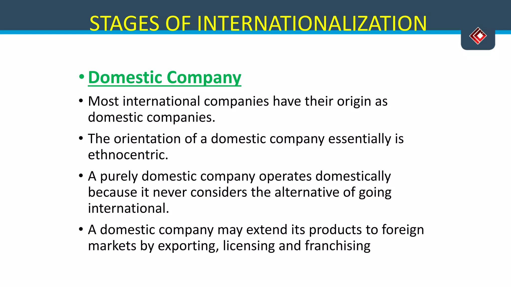 STAGES OF INTERNATIONALIZATION
•Domestic Company
• Most international companies have their origin as
domestic companies.
• The orientation of a domestic company essentially is
ethnocentric.
• A purely domestic company operates domestically
because it never considers the alternative of going
international.
• A domestic company may extend its products to foreign
markets by exporting, licensing and franchising
Versatile Business School, Egmore, Chennai - 600 008
 