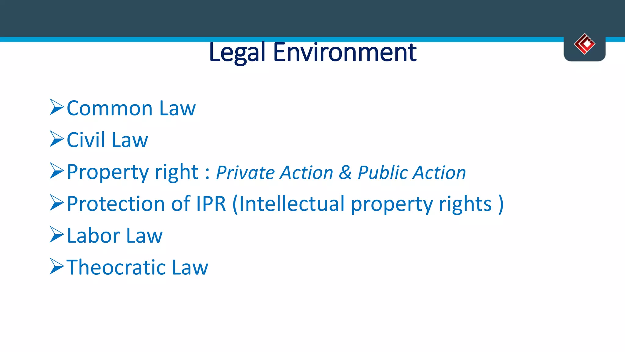 Legal Environment
Common Law
Civil Law
Property right : Private Action & Public Action
Protection of IPR (Intellectual property rights )
Labor Law
Theocratic Law
 