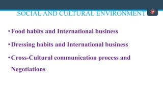 SOCIAL AND CULTURAL ENVIRONMENT
•Food habits and International business
•Dressing habits and International business
•Cross-Cultural communication process and
Negotiations
Versatile Business School, Egmore, Chennai - 600 008
 