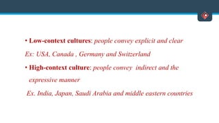 • Low-context cultures: people convey explicit and clear
Ex: USA, Canada , Germany and Switzerland
• High-context culture: people convey indirect and the
expressive manner
Ex. India, Japan, Saudi Arabia and middle eastern countries
 