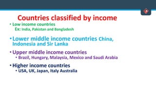 Countries classified by income
• Low income countries
Ex: India, Pakistan and Bangladesh
•Lower middle income countries China,
Indonesia and Sir Lanka
• Upper middle income countries
• Brazil, Hungary, Malaysia, Mexico and Saudi Arabia
• Higher income countries
• USA, UK, Japan, Italy Australia
Versatile Business School, Egmore, Chennai - 600 008
 