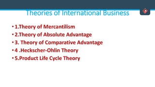 Theories of International Business
• 1.Theory of Mercantilism
• 2.Theory of Absolute Advantage
• 3. Theory of Comparative Advantage
• 4 .Heckscher-Ohlin Theory
• 5.Product Life Cycle Theory
 