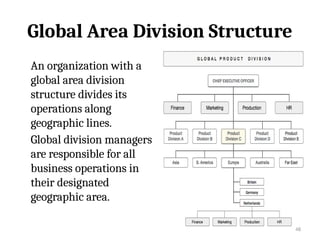 48
Global Area Division Structure
An organization with a
global area division
structure divides its
operations along
geographic lines.
Global division managers
are responsible for all
business operations in
their designated
geographic area.
 