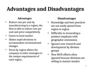 49
Advantages and Disadvantages
Advantages
• Reduce cost per unit by
manufacturing in a region, the
firm is able to reduce cost per
unit and price competitively.
• Caters to local market
• Makes rapid decisions to
accommodate environmental
changes
• Focus by region allows the
company to tailor strategies to
the unique requirements of
each region.
Disadvantages
• Knowledge and best practices
are not easily spread from
region to region
• Difficulty in reconciling a
product emphasis with
geographic orientation
• Ignores new research and
development by division
groups
• New R&D efforts often
ignored because divisions are
selling in mature market.
 