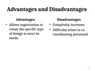 53
Advantages and Disadvantages
Advantages
• Allows organization to
create the specific type
of design to meet its
needs.
Disadvantages
• Complexity increases
• Difficulty arises in co
coordinating personnel
 