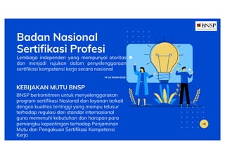 Badan Nasional
Sertifikasi Profesi
Lembaga independen yang mempunyai otoritas
dan menjadi rujukan dalam penyelenggaraan
sertifikasi kompetensi kerja secara nasional
PP 10 TAHUN 2018
BNSP berkomitmen untuk menyelenggarakan
program sertifikasi Nasional dan layanan terkait
dengan kualitas tertinggi yang mampu telusur
terhadap regulasi dan standar internasional
guna memenuhi kebutuhan dan harapan para
pemangku kepentingan terhadap Penjaminan
Mutu dan Pengakuan Sertifikasi Kompetensi
Kerja
KEBIJAKAN MUTU BNSP
 