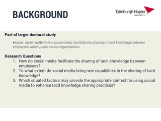 BACKGROUND
Part of larger doctoral study
Easier, faster, better? How social media facilitate the sharing of tacit knowled...