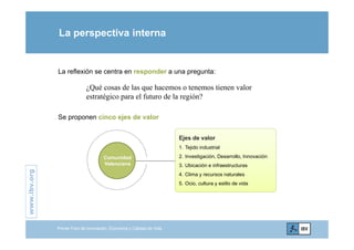 La perspectiva interna
La reflexión se centra en responder a una pregunta:
¿Qué cosas de las que hacemos o tenemos tienen valor
estratégico para el futuro de la región?estratégico para el futuro de la región?
Se proponen cinco ejes de valor
Ejes de valor
1. Tejido industrial
.org
Comunidad
Valenciana
2. Investigación, Desarrollo, Innovación
3. Ubicación e infraestructuras
4. Clima y recursos naturales
5 O i lt til d id
www.ibv.
5. Ocio, cultura y estilo de vida
w
Primer Foro de Innovación, Economía y Calidad de Vida
 