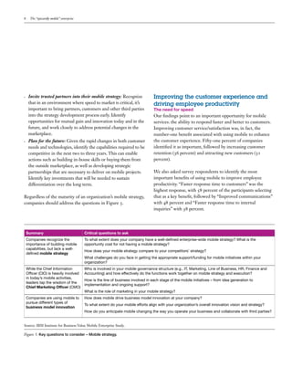 8 The “upwardly mobile” enterprise
•	 Invite trusted partners into their mobile strategy: Recognize
that in an environment where speed to market is critical, it’s
important to bring partners, customers and other third parties
into the strategy development process early. Identify
opportunities for mutual gain and innovation today and in the
future, and work closely to address potential changes in the
marketplace.
•	 Plan for the future: Given the rapid changes in both customer
needs and technologies, identify the capabilities required to be
competitive in the next two to three years. This can enable
actions such as building in-house skills or buying them from
the outside marketplace, as well as developing strategic
partnerships that are necessary to deliver on mobile projects.
Identify key investments that will be needed to sustain
differentiation over the long term.
Regardless of the maturity of an organization’s mobile strategy,
companies should address the questions in Figure 5.
Improving the customer experience and
driving employee productivity
The need for speed
Our findings point to an important opportunity for mobile
services: the ability to respond faster and better to customers.
Improving customer service/satisfaction was, in fact, the
number-one benefit associated with using mobile to enhance
the customer experience. Fifty-one percent of companies
identified it as important, followed by increasing customer
retention (36 percent) and attracting new customers (31
percent).
We also asked survey respondents to identify the most
important benefits of using mobile to improve employee
productivity. “Faster response time to customers” was the
highest response, with 58 percent of the participants selecting
that as a key benefit, followed by “Improved communications”
with 48 percent and “Faster response time to internal
inquiries” with 38 percent.
Summary Critical questions to ask
Companies recognize the
importance of building mobile
capabilities, but lack a well-
defined mobile strategy
To what extent does your company have a well-defined enterprise-wide mobile strategy? What is the
opportunity cost for not having a mobile strategy?
How does your mobile strategy compare to your competitors’ strategy?
What challenges do you face in getting the appropriate support/funding for mobile initiatives within your
organization?
While the Chief Information
Officer (CIO) is heavily involved
in today’s mobile activities,
leaders tap the wisdom of the
Chief Marketing Officer (CMO)
Who is involved in your mobile governance structure (e.g., IT, Marketing, Line of Business, HR, Finance and
Accounting) and how effectively do the functions work together on mobile strategy and execution?
How is the line of business involved in each stage of the mobile initiatives – from idea generation to
implementation and ongoing support?
What is the role of marketing in your mobile strategy?
Companies are using mobile to
pursue different types of
business model innovation
How does mobile drive business model innovation at your company?
To what extent do your mobile efforts align with your organization’s overall innovation vision and strategy?
How do you anticipate mobile changing the way you operate your business and collaborate with third parties?
Source: IBM Institute for Business Value Mobile Enterprise Study.
Figure 5: Key questions to consider – Mobile strategy.
 
