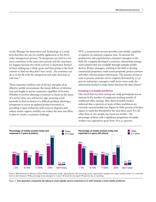 IBM Global Business Services 9
As the Manager for Innovation and Technology at a retail
firm describes the use of a mobile application in the firm’s
order management process, “A salesperson can tend to a lot
more customers in the same time period, and the customers
are happier because the whole exercise is shortened. Instead
of them making up a whole quote and then going to the front
counter to find out they don’t have stock…the customer can
do it on the fly with the salesperson and make decisions in
real time.”
These responses reinforce one of the key strengths of an
effective mobile environment: the timely delivery of informa-
tion and insight to service customers regardless of location.
Whether it involves allowing a customer to check on the status
of a service issue via a self-service app, accessing social
networks to find an answer to a difficult problem, allowing a
salesperson to access an updated product inventory or
providing a repair technician with access to diagrams and
subject matter experts, mobility can reduce the time and effort
it takes to resolve a customer challenge.
VCC, a construction services provider, uses mobile capability
to improve its customer response time. To increase the
productivity and responsiveness of project managers in the
field, the company developed a customer relationship manage-
ment solution that was available through multiple mobile
devices. Project managers, working in the field to develop
commercial properties, could access proposals, project contacts
and other relevant project information. The amount of time it
took to process customer service requests decreased by 30-50
percent and project managers could access more easily the
information needed to make better decisions for their clients.8
Investing in a mobile workforce
One trend that was clear among our study participants was an
increase in the number of employees working outside of
traditional office settings. One-third of mobile leaders
indicated that 20 percent or more of their workforces are
currently remote/mobile (see Figure 6). Fifty percent of leaders
expect to reach this threshold in the next three years. For all
other firms in our sample, the trend was similar – the
percentage of firms with a significant proportion of mobile
workers was expected to grow from 18 to 32 percent.
< 5%	 6-10%	 11-20%	 >20%	 Don’t know
Source: IBM Institute for Business Value Mobile Enterprise Study: Approximately what percentage of your organization’s employees are remote / mobile workers (i.e. work from
home or other locations)? What percentage do you anticipate in 3 years? All totals do not equal 100 percent due to rounding.
Figure 6: One approach companies are taking to more rapidly service customers is to shift towards a more mobile workforce.
Percentage of mobile workers today and
expected in 3 years (Leaders)
Percentage of mobile workers today and
expected in 3 years (All others)
Today
In 3 years
< 5%	 6-10%	 11-20%	 >20%	 Don’t know
Today
In 3 years
30%
38%
22%
17%
19%
17%
18%
32%
3% 4%
18%
20%
14%
22%
16%
22%
50%
34%
1%1%
 