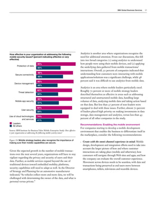IBM Global Business Services 15
Given the expected growth in the number of mobile transac-
tions over the next several years, organizations will have to stay
vigilant regarding the privacy and security of users and their
data. Further, as mobile services expand beyond the use of
traditional devices toward embedded mobility platforms,
security capabilities will need to adapt as well. As the Director
of Strategy and Planning for an automotive manufacturer
indicated, “As vehicles collect more and more data, we will be
challenged with determining the owner of the data, and what is
personal versus private.”
Analytics is another area where organizations recognize the
need for additional attention. From our discussions, this fell
into two broad categories: (1) using analytics to understand
how people were using their mobile devices, and (2) applying
the underlying data gathered from mobile transactions/
interactions. Overall, 50 percent of companies indicated that
understanding how customers were interacting with mobile
applications/solutions was a significant challenge, while 48
percent said it was difficult to use analytics from mobile data.
Analytics is an area where mobile leaders particularly excel.
Roughly 70 percent or more of mobile strategy leaders
described themselves as effective in areas such as addressing
structured and unstructured mobile data, handling large
volumes of data, analyzing mobile data and taking action based
on that data. But less than 37 percent of non-leaders were
equipped to deal with these issues. Further, almost 70 percent
of leaders placed high priority on making investments in data
storage, data management and analytics, versus less than 45
percent of all other companies in the study.
Recommendations: Enabling the mobile environment
For companies starting to develop a mobile development
environment that enables the business to differentiate itself in
the marketplace, consider the following recommendations:
•	 Create with the omni-channel experience in mind: Mobile
design, development and integration efforts need to take into
account the larger picture of how and where customer
interactions are taking place (mobile and otherwise); how
customers will navigate through Web sites and apps; and how
the company can evaluate the overall customer experience.
Movement across devices needs to be seamless, with data and
transactions being preserved as end users move between
smartphones, tablets, televisions and wearable devices.
Protection of data
Secure connectivity
Device management
Threat detection
Mobile app security
User security
Use of cloud technologies
and services
Source: IBM Institute for Business Value Mobile Enterprise Study: How effective
is your organization at addressing the following mobile security issues?
Figure 10: Mobile strategy leaders also recognize the importance of
making sure their mobile capabilities are secure.
How effective is your organization at addressing the following
mobile security issues? (percent indicating effective or very
effective)
90%
55%
88%
62%
86%
49%
Leaders
All others
82%
50%
82%
51%
82%
59%
74%
41%
 