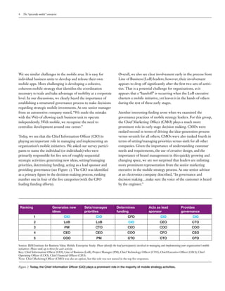 4 The “upwardly mobile” enterprise
We see similar challenges in the mobile area. It is easy for
individual business units to develop and release their own
mobile apps. More challenging is developing a cohesive,
coherent mobile strategy that identifies the coordination
necessary to scale and take advantage of mobility at a corporate
level. In our discussions, we clearly heard the importance of
establishing a structured governance process to make decisions
regarding strategic mobile investments. As one senior manager
from an automotive company stated, “We made the mistake
with the Web of allowing each business unit to operate
independently. With mobile, we recognize the need to
centralize development around one center.”
Today, we see that the Chief Information Officer (CIO) is
playing an important role in managing and implementing an
organization’s mobile initiatives. We asked our survey partici-
pants to name the individual (or individuals) who were
primarily responsible for five sets of roughly sequential
strategic activities: generating new ideas, setting/managing
priorities, determining funding, acting as a lead sponsor and
providing governance (see Figure 2). The CIO was identified
as a primary figure in the decision-making process, ranking
number one in four of the five categories (with the CFO
leading funding efforts).
Overall, we also see clear involvement early in the process from
Line of Business (LoB) leaders; however, their involvement
appears to drop off significantly after the first two sets of activi-
ties. That is a potential challenge for organizations, as it
appears that a “handoff” is occurring when the LoB executive
charters a mobile initiative, yet leaves it in the hands of others
during the rest of these early stages.
Another interesting finding arose when we examined the
governance practices of mobile strategy leaders. For this group,
the Chief Marketing Officer (CMO) plays a much more
prominent role in early stage decision making. CMOs were
ranked second in terms of driving the idea-generation process
versus seventh for all others; CMOs were also ranked fourth in
terms of setting/managing priorities versus sixth for all other
companies. Given the importance of understanding customer
needs and requirements, the use of creative design, and the
importance of brand management in this quickly growing and
changing space, we are not surprised that leaders are enlisting
more prominent representation from the senior marketing
executive in the mobile strategy process. As one senior advisor
at an electronics company described, “In governance and
decision making…make sure the voice of the customer is heard
by the engineer.”
Ranking Generates new
ideas
Sets/manages
priorities
Determines
funding
Acts as lead
sponsor
Provides
governance
1 CIO CIO CFO CIO CIO
2 LoB LoB CIO CEO CTO
3 PM CTO CEO COO COO
4 CEO CEO COO CFO CEO
5 COO PM CTO CTO CFO
Source: IBM Institute for Business Value Mobile Enterprise Study: Please identify the lead participant(s) involved in managing and implementing your organization’s mobile
initiatives. Please rank up to three for each activity.
Key: Chief Information Officer (CIO), Line of Business (LoB), Project Manager (PM), Chief Technology Officer (CTO), Chief Executive Officer (CEO), Chief
Operating Officer (COO), Chief Financial Officer (CFO).
Note: Chief Marketing Officer (CMO) was also an option, but this role was not named in the top five responses.
Figure 2: Today, the Chief Information Officer (CIO) plays a prominent role in the majority of mobile strategy activities.
 
