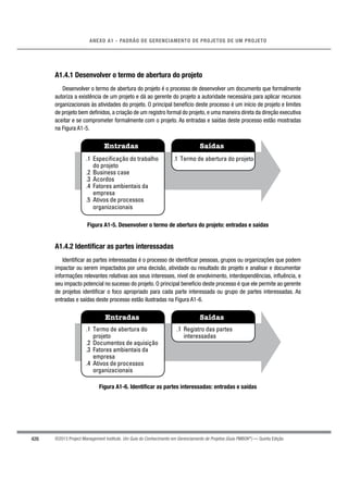 426
ANEXO A1 - PADRÃO DE GERENCIAMENTO DE PROJETOS DE UM PROJETO
©2013 Project Management Institute. Um Guia do Conhecimento em Gerenciamento de Projetos (Guia PMBOK®
) — Quinta Edição
A1.4.1 Desenvolver o termo de abertura do projeto
Desenvolver o termo de abertura do projeto é o processo de desenvolver um documento que formalmente
autoriza a existência de um projeto e dá ao gerente do projeto a autoridade necessária para aplicar recursos
organizacionais às atividades do projeto. O principal benefício deste processo é um início de projeto e limites
de projeto bem deﬁnidos, a criação de um registro formal do projeto, e uma maneira direta da direção executiva
aceitar e se comprometer formalmente com o projeto. As entradas e saídas deste processo estão mostradas
na Figura A1-5.
Entradas Saídas
.1 Especificação do trabalho
do projeto
.2 Business case
.3 Acordos
.4 Fatores ambientais da
empresa
.5 Ativos de processos
organizacionais
.1 Termo de abertura do projeto
Figura A1-5. Desenvolver o termo de abertura do projeto: entradas e saídas
A1.4.2 Identificar as partes interessadas
Identiﬁcar as partes interessadas é o processo de identiﬁcar pessoas, grupos ou organizações que podem
impactar ou serem impactados por uma decisão, atividade ou resultado do projeto e analisar e documentar
informações relevantes relativas aos seus interesses, nível de envolvimento, interdependências, inﬂuência, e
seu impacto potencial no sucesso do projeto. O principal benefício deste processo é que ele permite ao gerente
de projetos identiﬁcar o foco apropriado para cada parte interessada ou grupo de partes interessadas. As
entradas e saídas deste processo estão ilustradas na Figura A1-6.
Entradas Saídas
.1 Termo de abertura do
projeto
.2 Documentos de aquisição
.3 Fatores ambientais da
empresa
.4 Ativos de processos
organizacionais
.1 Registro das partes
interessadas
Figura A1-6. Identificar as partes interessadas: entradas e saídas
 